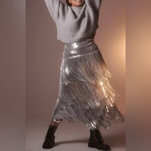 Anthropologie Maeve Tatiana Silver Sequined Fringe Midi Skirt Size 12 Festival